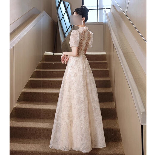 Xiaohanlu evening dress for women, high-end light luxury, dignified and decent, beautiful engagement dress 2025 new banquet host feeling 22260 mid-length short-sleeved XS