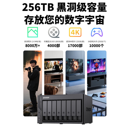 威联通（QNAP）Qu805企业级家庭存储 N355 16G内存 八盘位网络存储NAS私有云 AI相册手机备份 文件数据备份服务器 Qu805+东芝硬盘16T*6