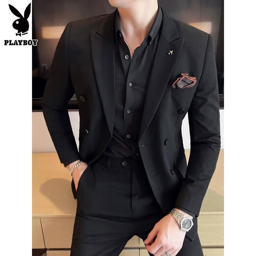 Playboy double-breasted suit suit men's plus size groom wedding dress three-piece youth business formal casual suit khaki suit + pants L (110-120Jin Jin equals 0.5 kg)