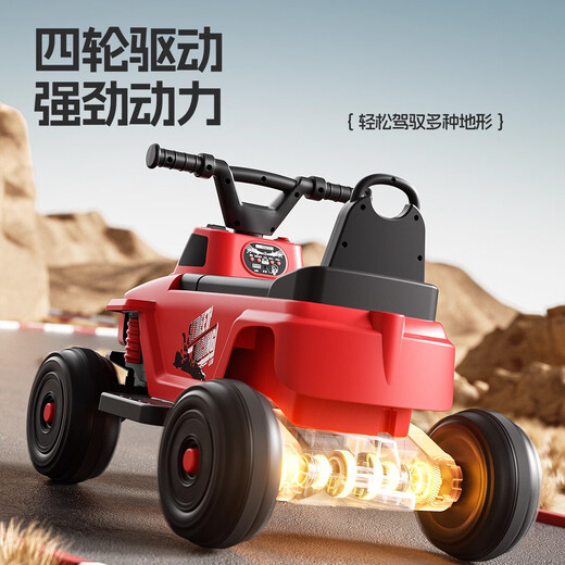 Children's electric car, four-wheel off-road car, seated remote control toy car, baby beach car, child stroller, remote control tow truck, dual drive + extra large battery, widened tires + light and music