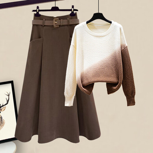 La Chapelle retro Maillard design gradient sweater sweater skirt suit for women 2025 autumn and winter new two-piece set gray blue sweater + brown skirt 2XL