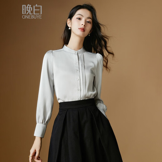 Late White New Product French Satin Versatile Shirt Women's 2025 Temperament Shirt Versatile Top Silver Gray L