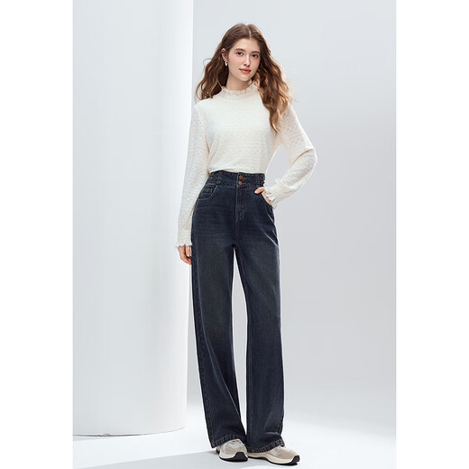 Betu Women's 2025 Winter New Denim Wide Leg Pants Retro Washed High Waist Slim Cotton Feel Pants 2510T86 Dark Denim Blue L