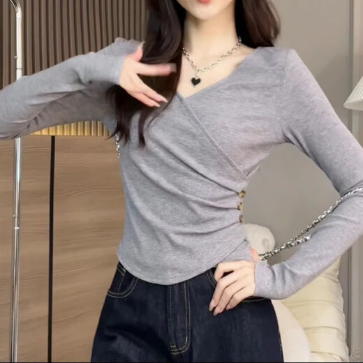 Hot girl pure lust style bottoming shirt for women 2025 new spring and autumn long-sleeved T-shirt slimming irregular top GZXY black XL