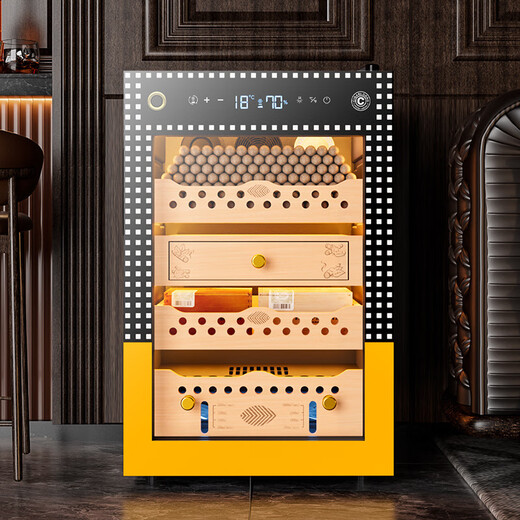 Shantou Lincun Qielong fingerprint lock cigar cabinet constant temperature and humidity cedar wood shelf water ion removal of ammonia alcohol WIFI cigar cabinet 60C wake-up cigar box Cuban pattern ammonia purification + WiFi + fingerprint lock + cedar