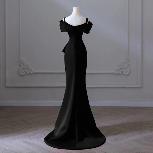 ACJK one-shoulder black evening dress 2025 new banquet-feel fishtail skirt for women light luxury niche host high-end burgundy _ tail M _ one-shoulder style