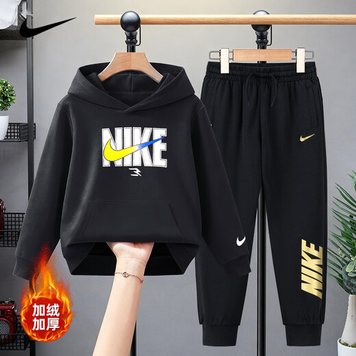 NIKE Nike children's hooded suit plus velvet 2025 new autumn and winter cotton two-piece youth sweatshirt for boys and girls, black 2233, velvet and thickened style, high weight 160/L, recommended height 152-158cm NIKE Nike children's hooded suit plus velvet 2025 new autumn and winter cotton two-piece youth sweatshirt for boys and girls, black 2233, velvet and thickened style, high weight 160/L, recommended height 152-158cm
