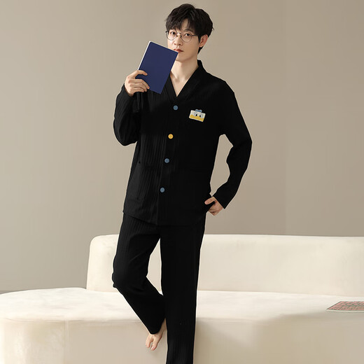 Langsha couple pajamas for one man and one woman in autumn pure cotton striped casual cardigans can be worn outside 100% cotton spring and autumn home clothes 22302 couple XL female + L male