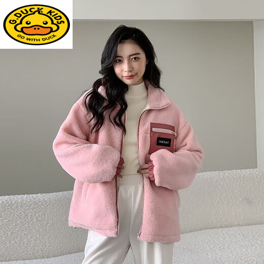 G.duck parent-child jacket winter Korean style children's clothing 2026 new lamb wool top mother and daughter clothing thickened warm wool sweater pocket zipper lamb wool jacket 110 cm