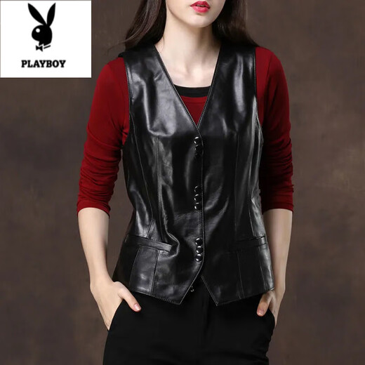 Playboy (PLAYBOY) PU leather vest for women 2025 spring and autumn new versatile short sleeveless imitation sheepskin waistcoat vest jacket top black thin L recommended 110-125Jin Jin equals 0.5 kg