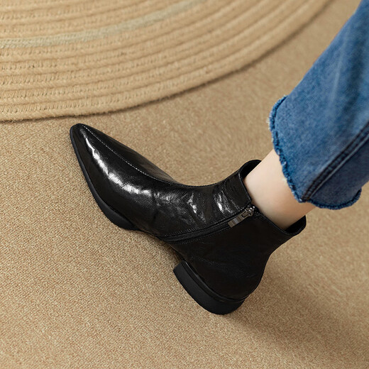 Belle Retro Sheepskin Short Boots Women's Thick Heel Pointed Toe Ankle Boots Chelsea Boots Martin Boots Spring and Autumn Single Boots Winter Plus Velvet Black Single Liner 39