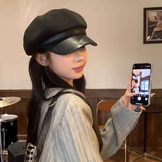 Duokeyu beret hat women's octagonal hat newsboy hat fashionable style big head circumference 2025 new autumn and winter high-looking woolen leather retro beret black