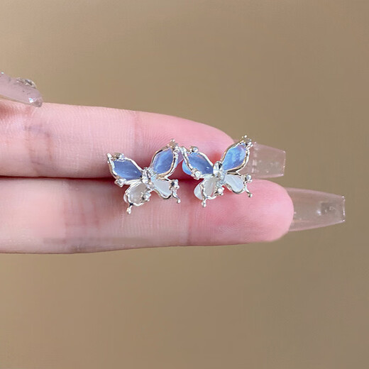S925 Silver Needle Dream Bow Earrings for Women Simple Fairy Earrings Lighter Luxury Earrings Niche Design Earrings Blue Butterfly Earrings