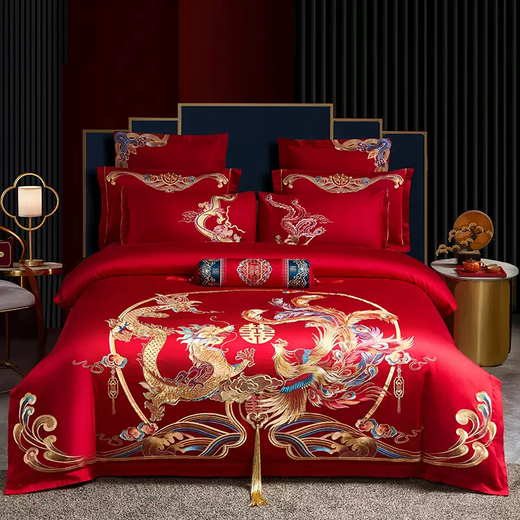 Yusenyi high-end wedding multi-piece set with dragon and phoenix embroidery flowers, 100% cotton wedding four-piece dowry red quilt bed for children and grandchildren 4-suitable for 1.51.8m bed recommended to match 200x23