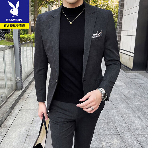 Playboy casual suit suit for men, Korean style slim fit high-end suit, full set of men's trendy jacket, handsome men's suit, mature black suit + trousers, one button M 165 recommended 90-105 Jin Jin equals 0.5 kg