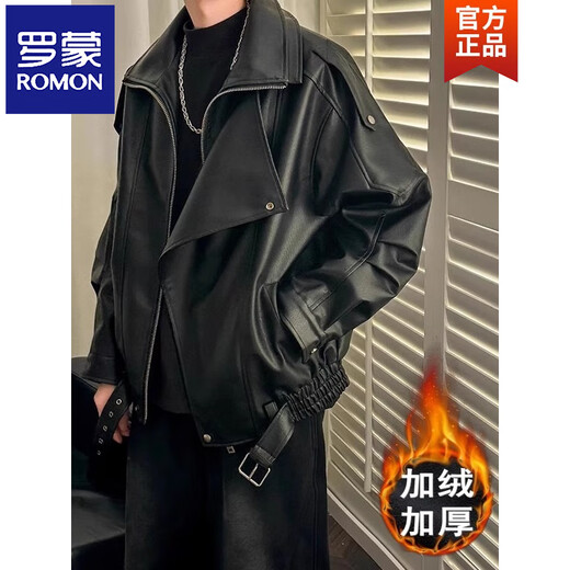 ROMON velvet thickened PU leather jacket men's autumn and winter plush jacket Korean style light mature style loose cotton jacket W88 black velvet M
