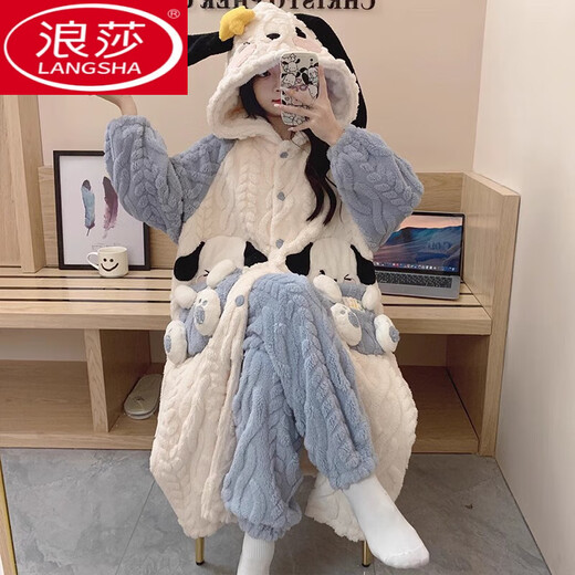浪莎（LangSha）睡衣女秋冬珊瑚绒加厚加绒长款可爱小熊睡袍连帽法兰绒家居服套装 SSM-9196 M【80-100斤】