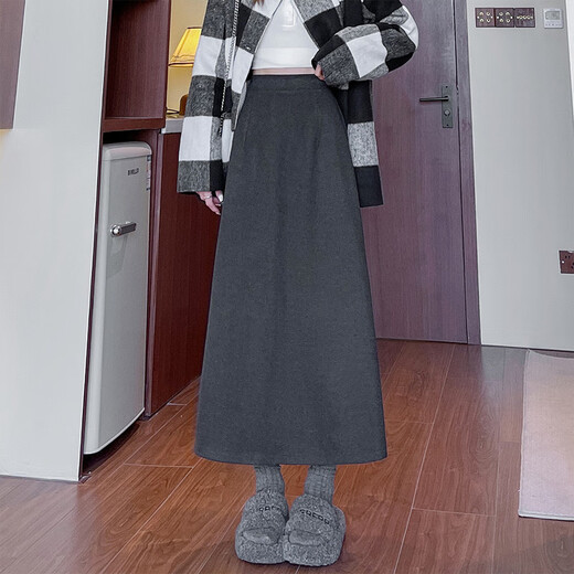 Langsha black woolen skirt for women winter 2025 new mid-length high-waisted A-line slit Korean version slimming hip skirt