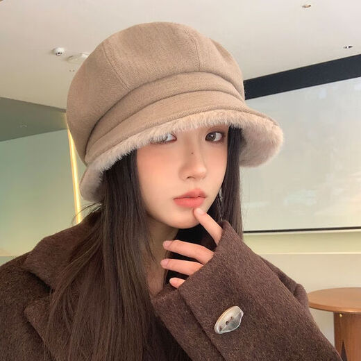Rui Menghua 2025 new autumn and winter velvet thickened beret versatile large head circumference octagonal hat showing face small windproof warm hat beige M 55-58c one size fits all