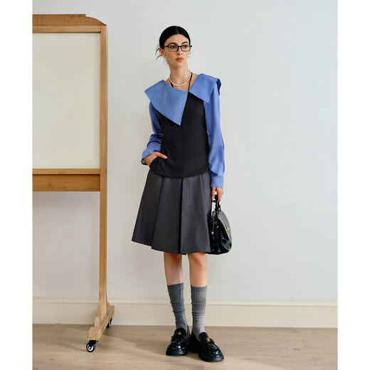 Olrain Women's Autumn Commuting Fake Two-Piece Design Plaid Shirt Contrast Color Splicing Shirt Blue S