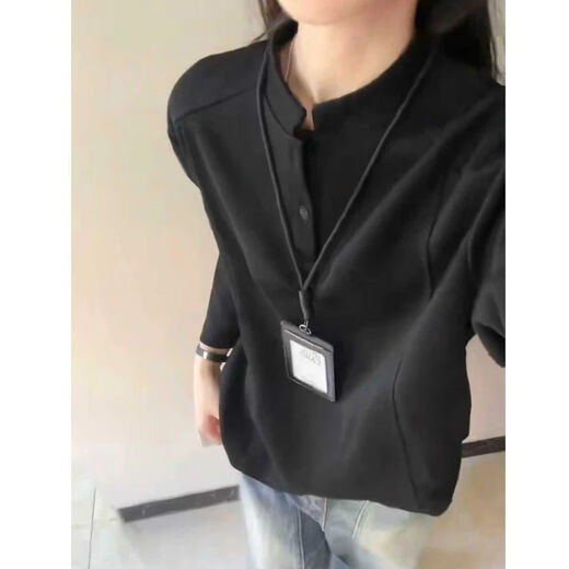 POLO shirt Henry collar long-sleeved t-shirt for men in autumn deconstructed splicing design right shoulder bottoming shirt spring and autumn sweatshirt CX81 black M