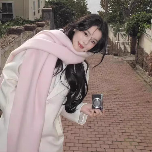 JIOESC mohair scarf for women in winter, Korean version, versatile pink, white and snow-proof, solid color warm scarf, high-end trendy mohair small version-pink-30-210cm-170g