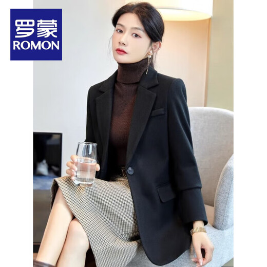 ROMON thickened woolen coat women's quilted small suit 2026 new black cotton temperament versatile suit top winter one button black-thick style M 96-105Jin Jin equals 0.5 kg