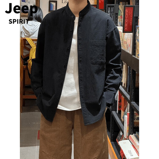 JEEP SPIRIT light mature style casual stand collar black shirt men's autumn new Chinese cotton and linen cardigan Henry collar shirt jacket black upgraded version M