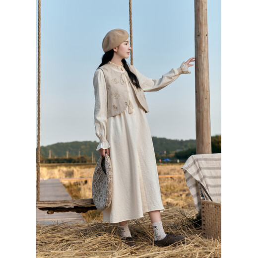 Zihan (ZIHAN) Zihan Japanese embroidered vest, stand collar, loose shirt dress, two-piece suit for women, autumn, beige S