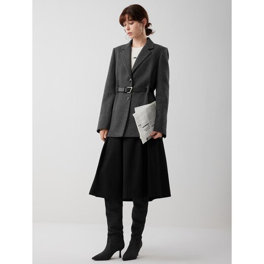 ELLE sheep wool silhouette woolen suit jacket for women 2025 winter new style high-end belt commuter suit dark gray S