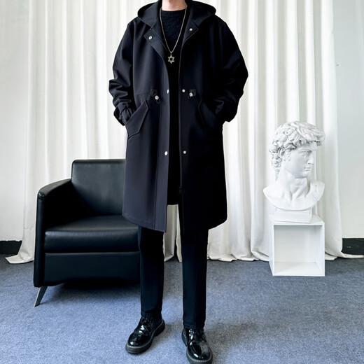 ROMON windbreaker jacket men's mid-length velvet thickened men's coat casual hooded handsome business black XL