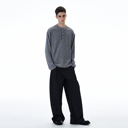 Weilang's shop Autumn American retro pit Henry collar long-sleeved sweater men's high-end bottoming shirt T-shirt trendy gray L