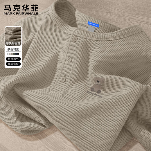 Mark Waffle Waffle Long Sleeve Men's T-Shirt 2025 New Spring and Autumn Henry Collar Top Men's American Fashion Brand Men's Bottoming Shirt