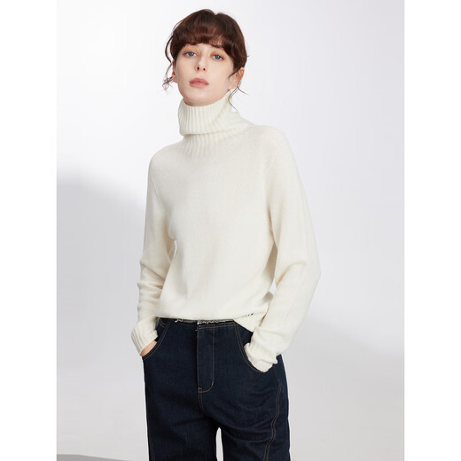 ELLE 100% sheep wool simple turtleneck sweater for women 2025 new autumn new year soft and waxy slim wool sweater off-white M