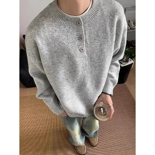 Zhiwei gray American Henry collar sweater men's autumn and winter high-end lazy style bottoming sweater cleanfit inner layer light gray XL