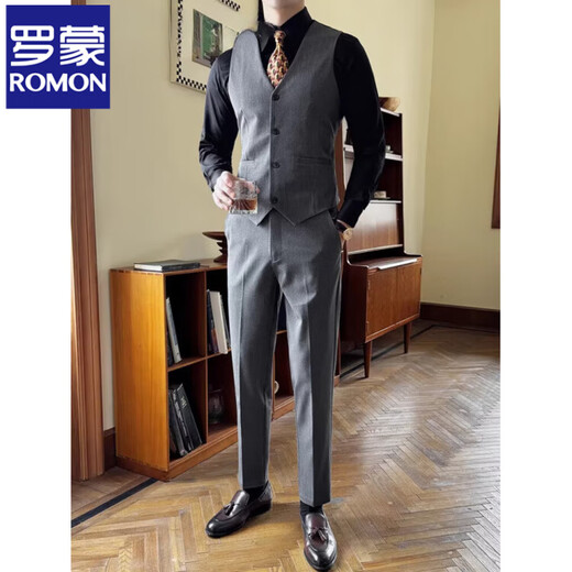 ROMON Haute Couture Suit Vest Men's Suit Korean Slim Solid Color Work Wear Vest Wedding Groomsmen Clothing Brother's Outfit Dark Gray (Single Vest) Free Bow Tie 2XL