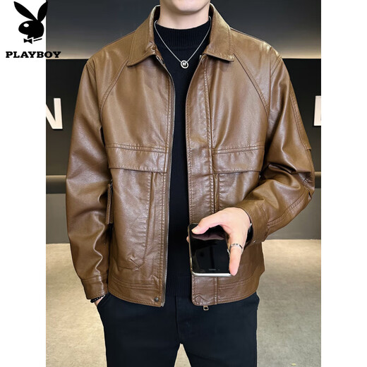 Playboy (PLAYBOY) men's leather jackets, trendy Korean style casual lapels, versatile handsome style motorcycle tops, men's jackets, black M