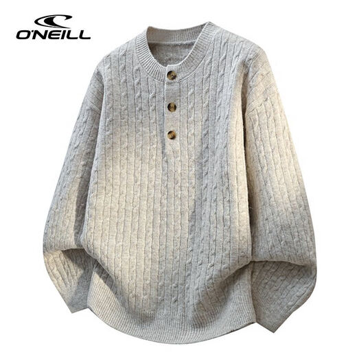 O NEILLONEILL/O'Neill retro solid color Henry collar sweater for men in winter, versatile warm pullover inner sweater, light gray M