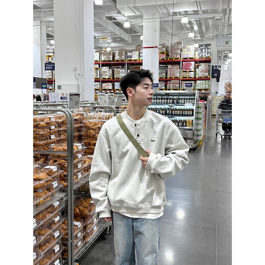 Qumile cleanfit Henry collar sweatshirt for men in spring and autumn, loose and trendy heavy-weight bottoming shirt, long-sleeved T-shirt with inner top, white gray XL recommended 120-140Jin Jin equals 0.5 kg