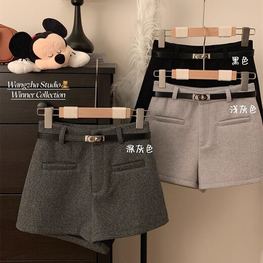 FOX.G Black Woolen Shorts Women's Autumn and Winter Outer Wear Women's 2025 New High Waisted A-Line Casual Leggings Hot Pants Double Pocket Woolen Shorts Black No Belt M Recommended 105 Jin Jin equals within 0.5 kg