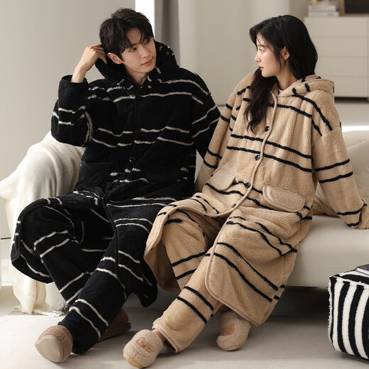 Fuxinkang Couple Pajamas Autumn and Winter Coral Velvet Thickened and Long Warm Men and Women Pajamas Flannel Bathrobes Home Clothes MJX-61065 2XL - Female Height 170-175 - Weight 140-160