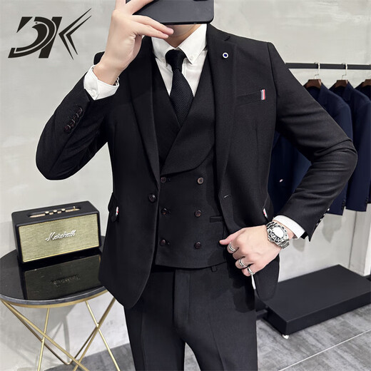 DK brand men's suit suit men's autumn high-end three-piece Korean version slim business casual professional small suit black suit + pants come with tie + bow tie + belt S