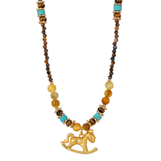 Qlady rocking horse necklace women's 2025 new high-end light luxury niche tiger eye stone pendant accessories clavicle chain birthday gift