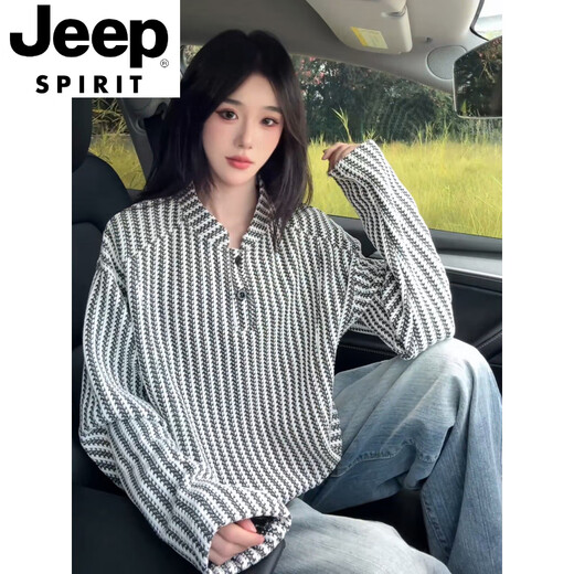 JEEP SPIRIT herringbone pattern American Henry collar sweatshirt men's autumn heavy houndstooth long-sleeved t-shirt polo inner layering shirt gray V-neck M (100-115Jin Jin equals 0.5kg)