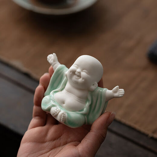 Lakeside Residence Celadon Big Belly Maitreya Buddha Tea Pet Ornament Can Raise Cute Laughing Buddha Little Monk Flower Pot Ornament Tea Set with Smile Always Open Celadon