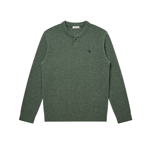 HAZZYS Men's 2025 Autumn New Henley Collar Cardigan Men's Solid Color Pullover Knitted Men's Sweater ABYZD0CCD11 Dark Khaki DK XL (180/100A 50)