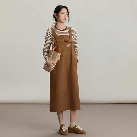 INMAN two-piece set 2025 autumn college retro Maillard striped long-sleeved T-shirt slit suspender skirt light brown S