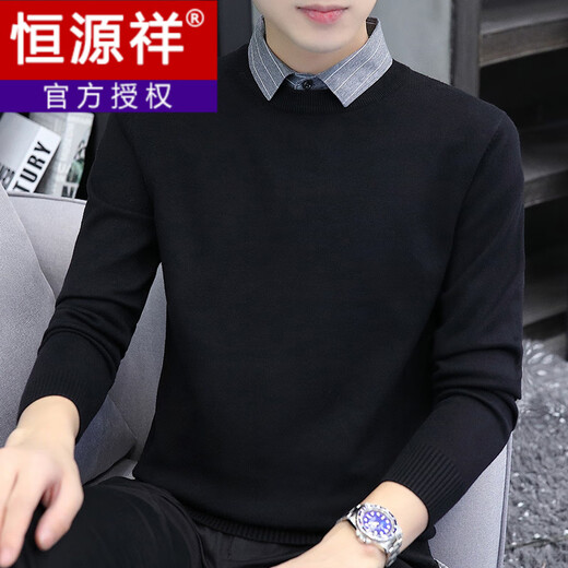 Hengyuanxiang relaxed Henry collar fake two-piece sweater casual versatile sweater for men/ready in stock Khaki M (90-110Jin Jin equals 0.5kg)