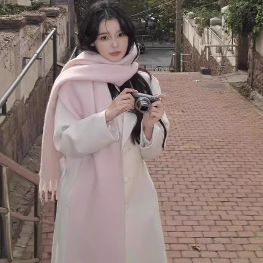JIOESC mohair scarf for women in winter, Korean version, versatile pink, white and snow-proof, solid color warm scarf, high-end trendy mohair small version-pink-30-210cm-170g