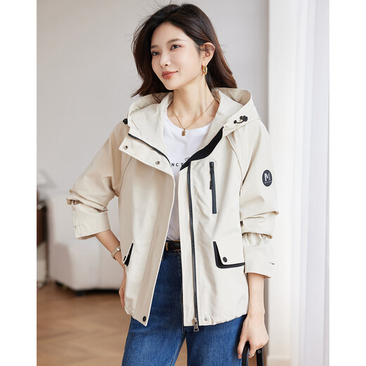 TERRE BLEUE fashionable versatile jacket for women 2025 autumn new age-reducing hooded cardigan windbreaker beige M